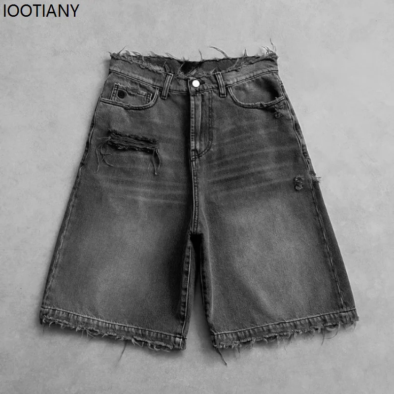 

Washed Ripped Short Jeans Women Men's Hollow Embroidery Wide-leg American Retro Denim Shorts Loose Casual Street Style Summer