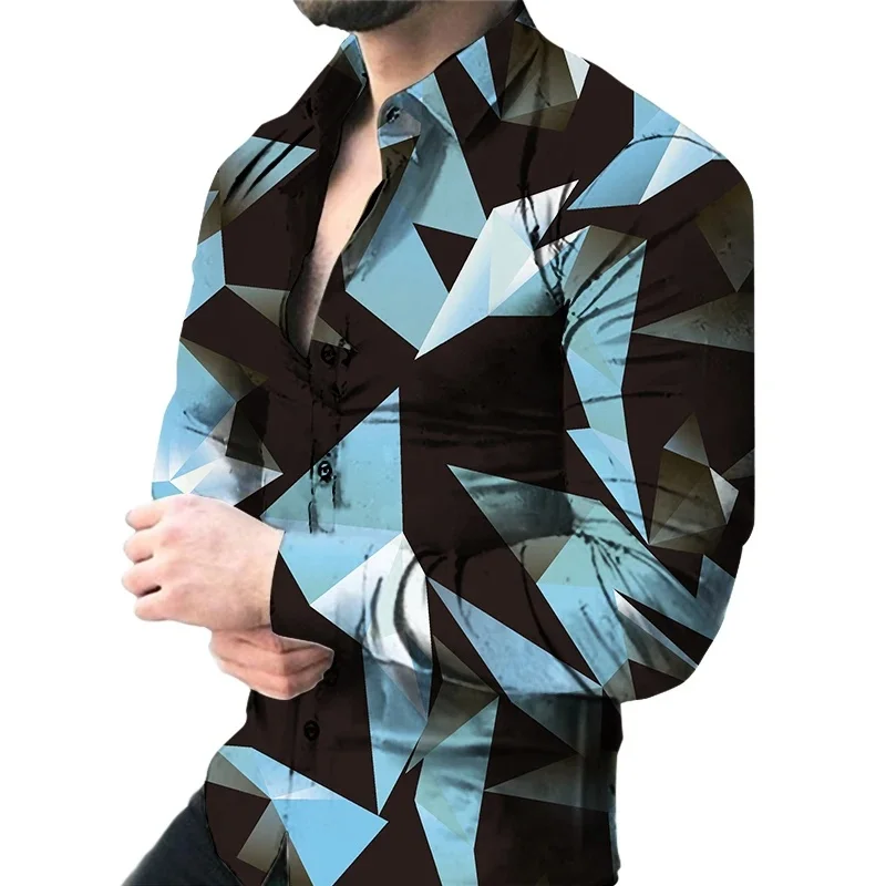 Color Block Pattern Hawaiian Shirts For Men Colorful Geometry 3D Printed Aloha Shirts Casual Loose Long Sleeve Lapel Tops Blouse