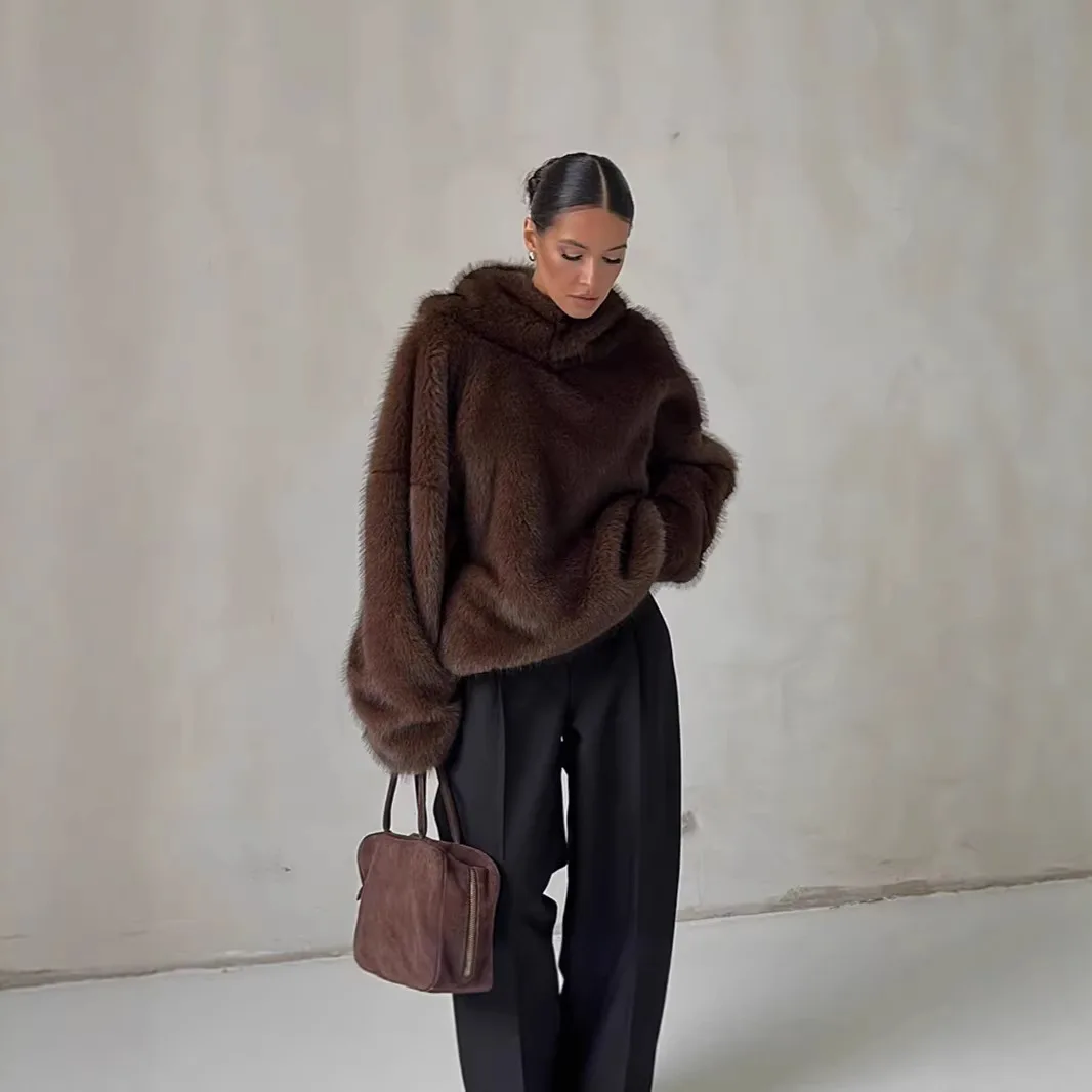 2026 inverno casaco de pele sintética com capuz feminino solto marrom peludo casaco casual lã quente outerwear