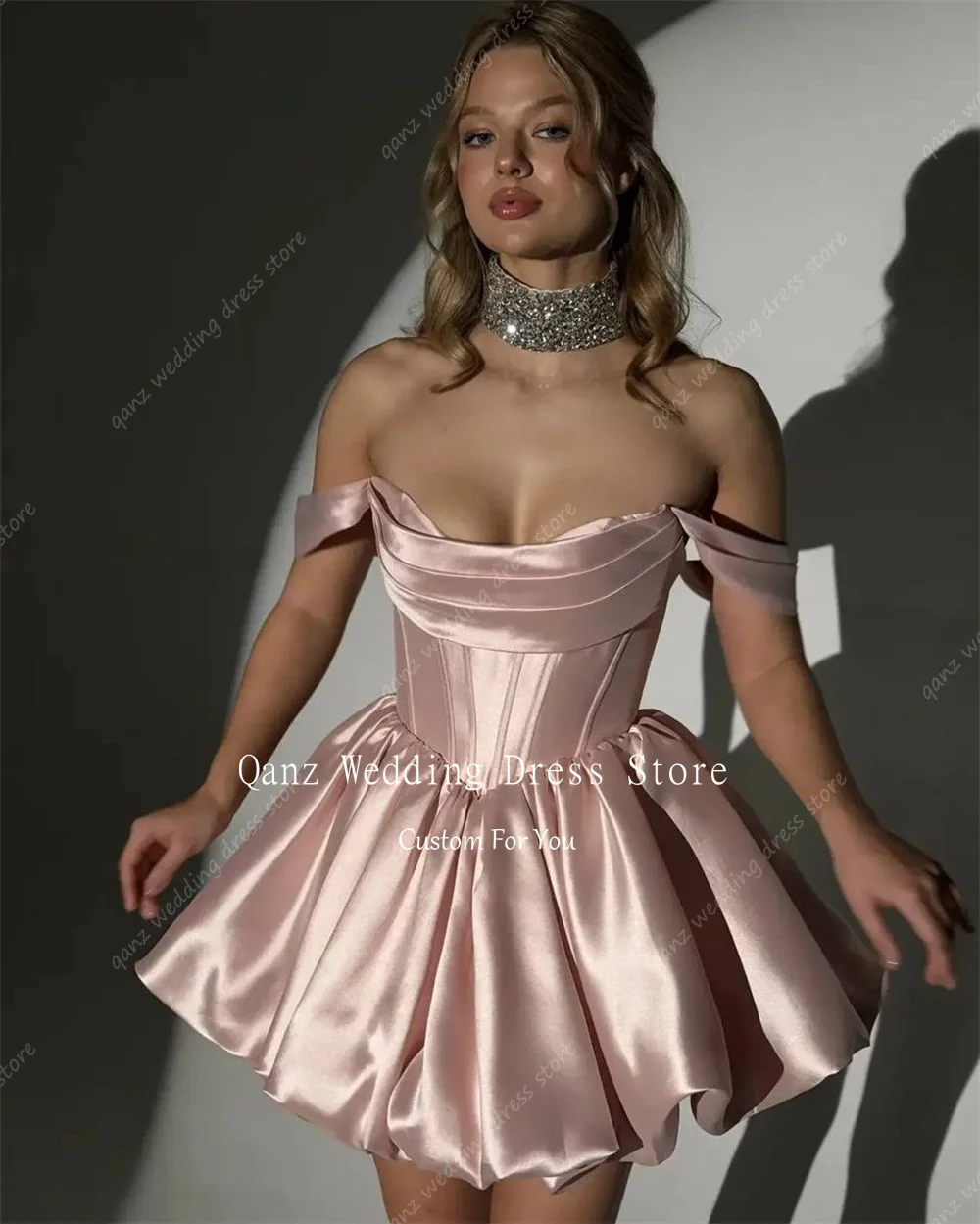 Qanz Blush Pink Satin Prom Dresses Off The Shoulder Short A Line Birthday Dress For Woman Mini Vestidos De Graduación Customized