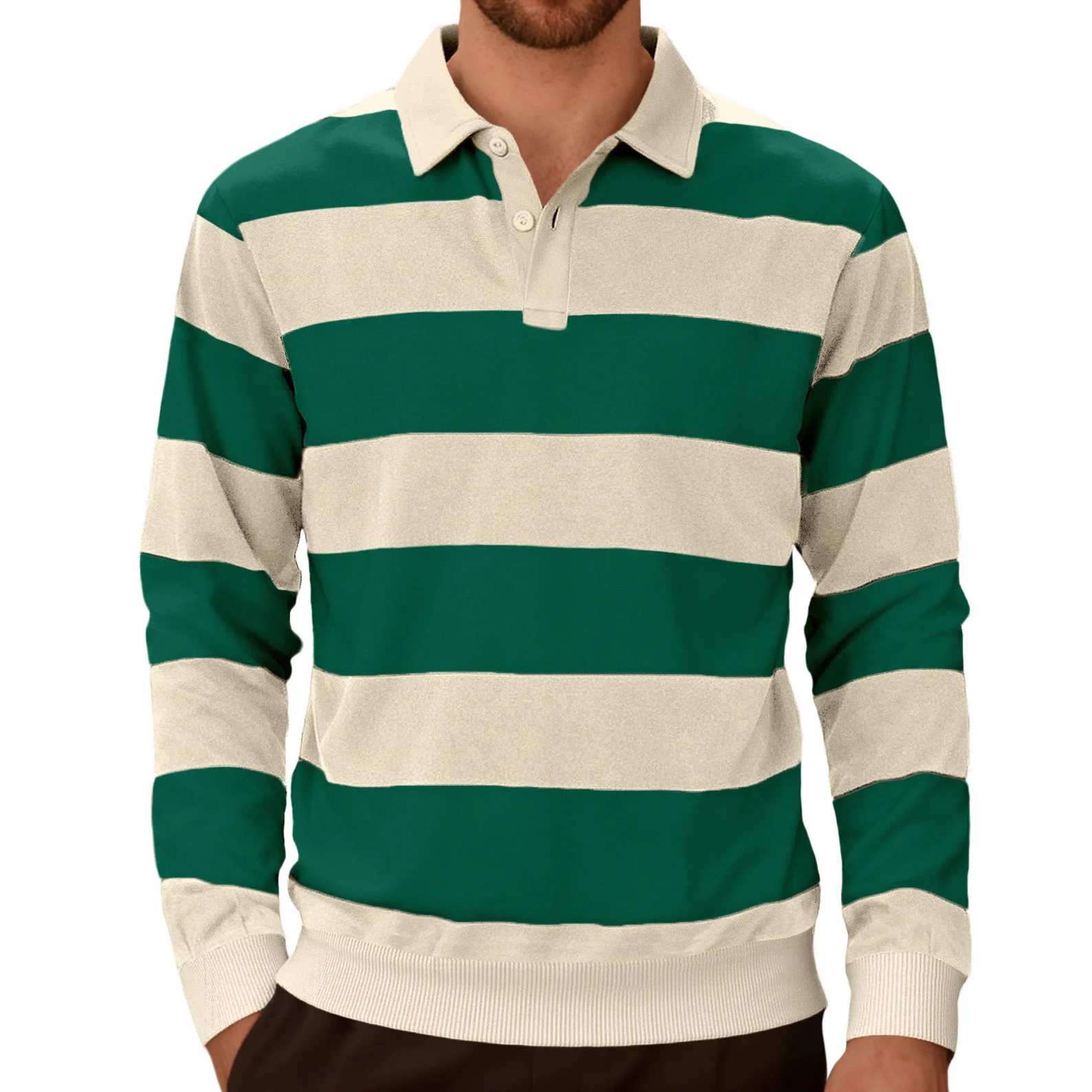 Men's Knitted Striped Color Block Long Sleeve Polo Shirt Button Placket Casual Business Trendy Sporty Top for Daily Work Wear