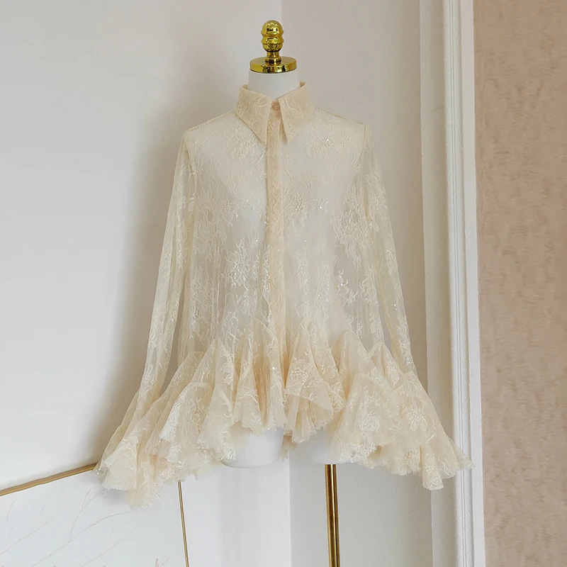 KBQ Solid Sheer Spliced ลูกไม้มินิเดรสเซ็กซี่สําหรับผู้หญิงแขนยาว Patchwork Ruffles พับชุดมินิหญิงแฟชั่น