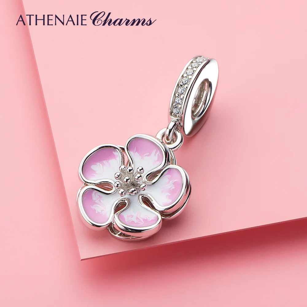 

Pink Cherry Blossom Charm Pendant 925 Sterling Silver Fit European Bracelets Perfect Valentine's Day Mother's Day Gift Jewelry