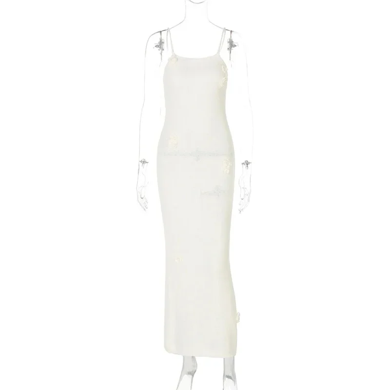 Bonny 꽃 슬림 여름 맥시 드레스 여성 니트 스파게티 하이 웨이스트 백리스 패치 워크 파티 드레스 여성 니트 Bodycon 복장