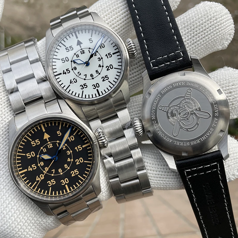 ساعة الطيار الرجالية من STEELDIVE 39 مللي متر Retrlo العسكرية التلقائية الميكانيكية ساعة اليد غواص 20ATM مقاوم للماء مضيئة الياقوت NH35