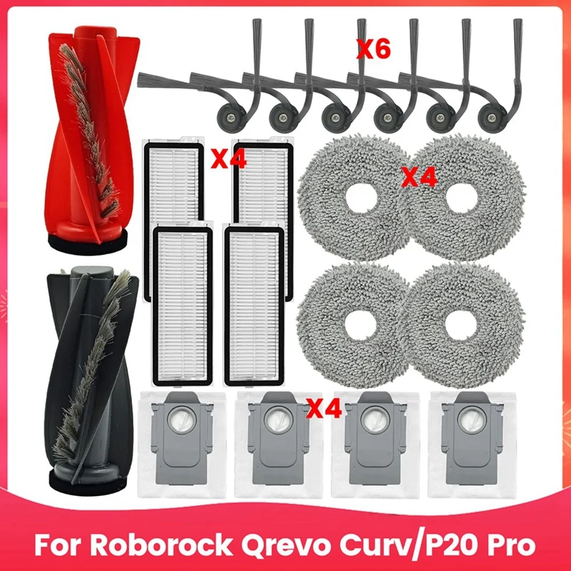 A26T-For Roborock Qrevo Curv/P20 Pro Robot Vacuum Cleaner Dual Main Side Brushes Hepa Filters Mop Pad Dust Bags