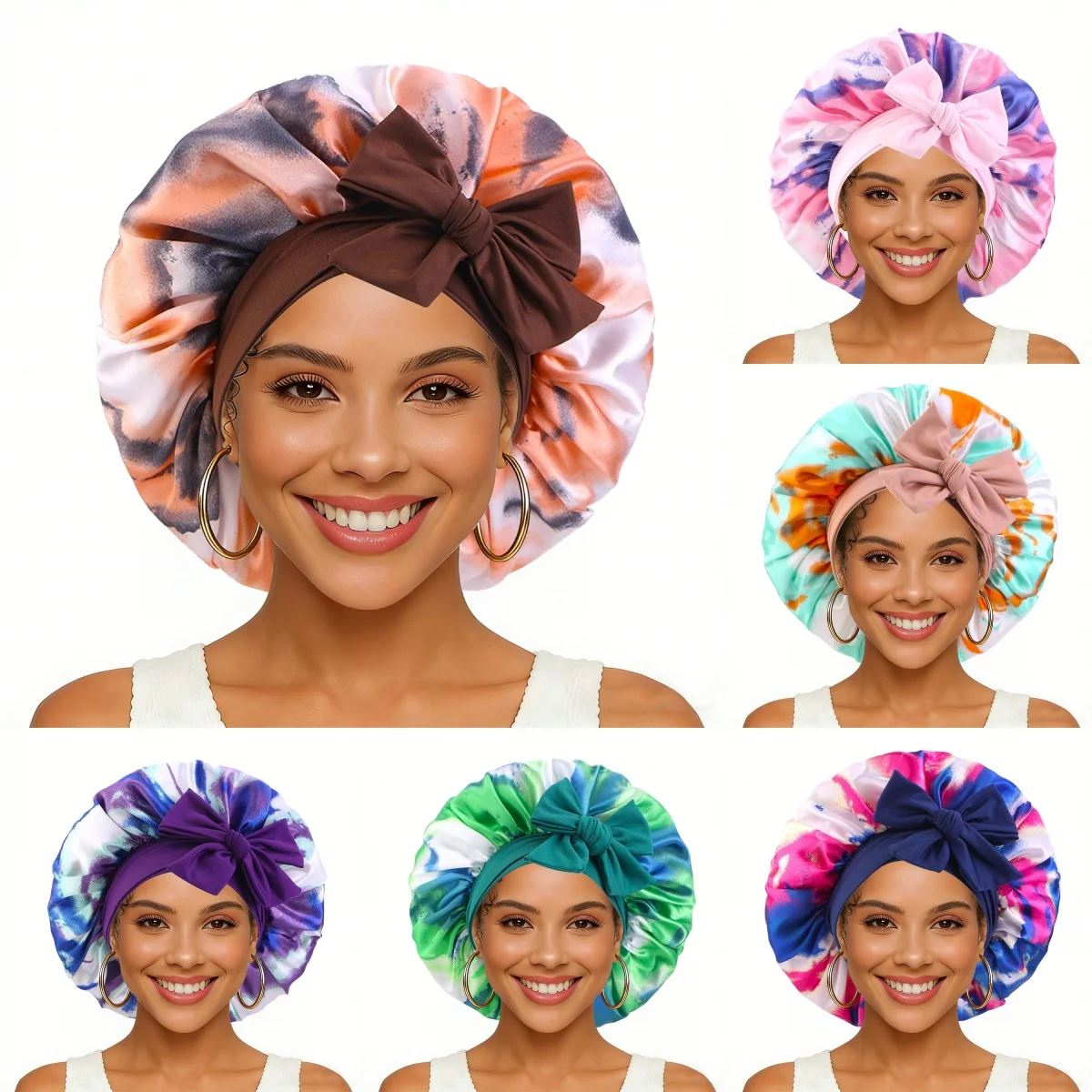 

Fashion Soft Satin Hijab Turban Solid Color Sleeping Hat With Stretchy Tie Band Women Night Shower Cap Hair Head Cover Bonnet