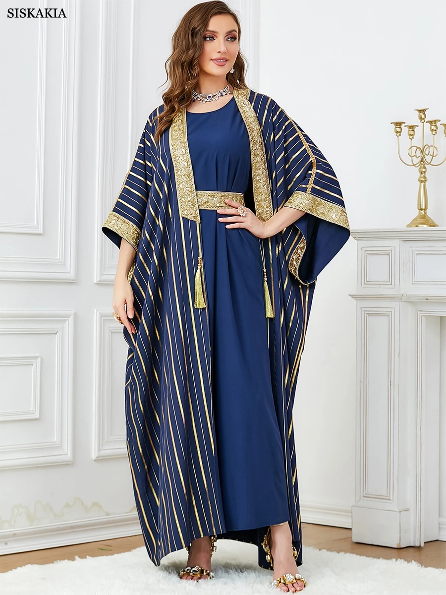 Imagem -04 - Siskakia-luxo Caftan Marocaína para Mulheres Noite Abaya Grupo Listra Azul Lantejoulas Cintos Robe Abaya Feminino Africano