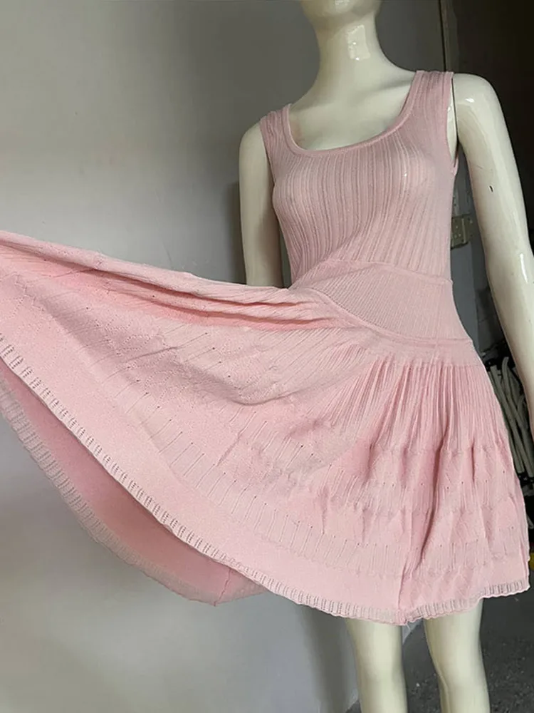 

Sexy V-neck Knitted Hollow Short Dress Women Fashion Sleeve Waist Cinching Patchwork Mini Dresses Lady Summer Chic Casual Robes