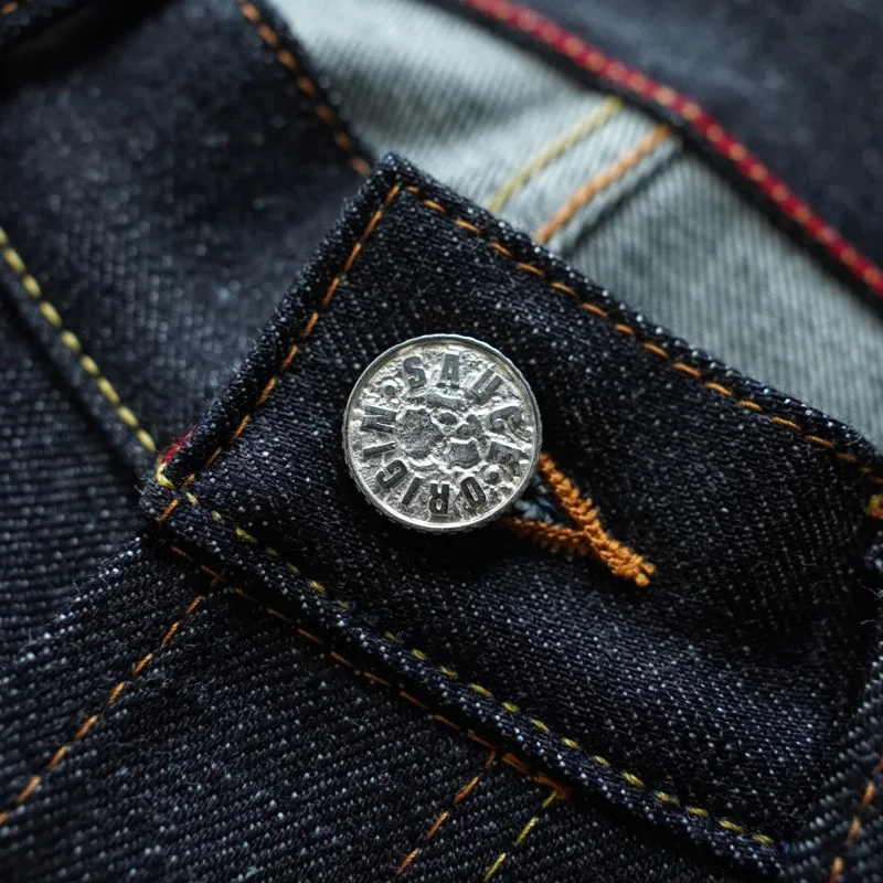 SAUCE ORIGIN 1A915-AG Mans Jeans Selvedge Denim Jeans for Man Silver Button Taper Fit Handmade 15 Oz