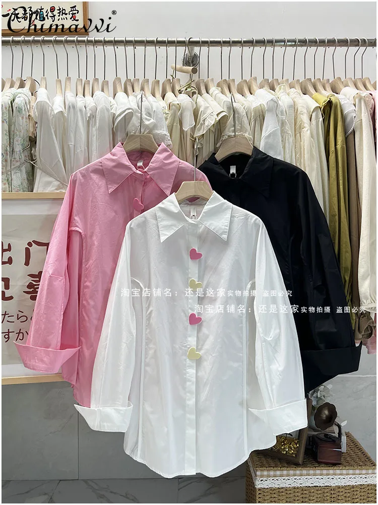 

Polo Collar Single-Breasted Love Embroidered Profile Long-Sleeved Shirt 2024 Spring New French Fashion Blouse Temperament Tops