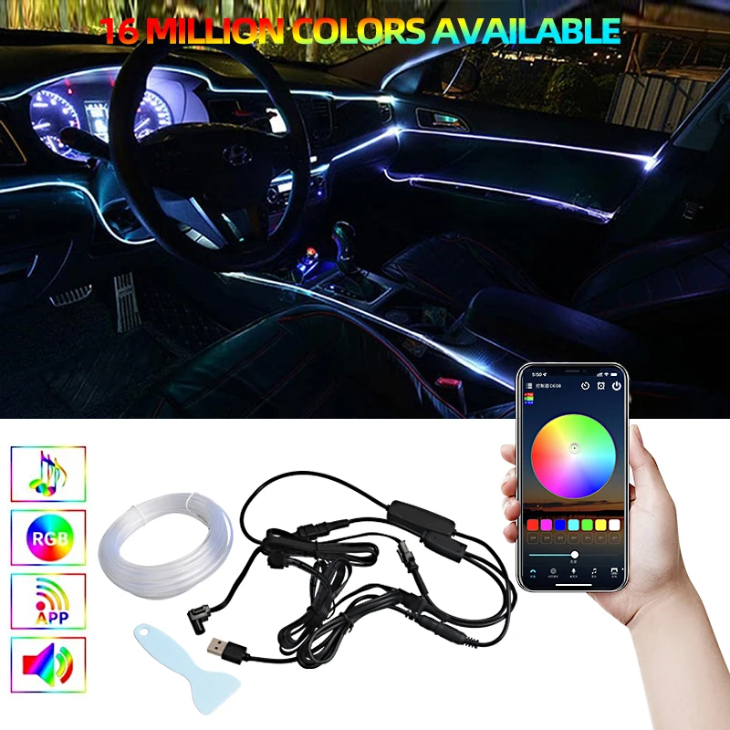 

Led Car Interior Light Strip RGB Neon Lights USB APP Sound Control Multiple Modes Ambient Decorative Atmosphere Dashboard Lamp