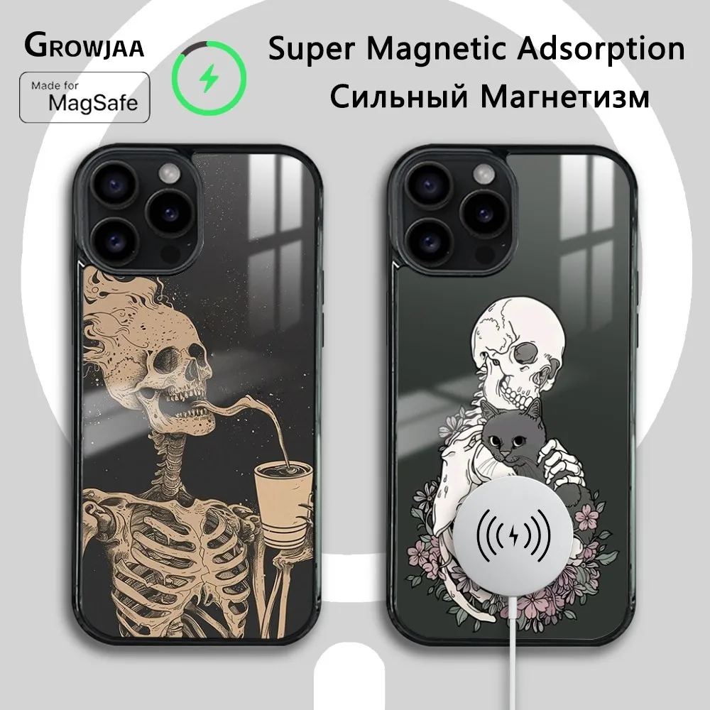 

Classic Funny Skeleton Strong Magnetic Phone Case For iPhone 15 14 13 12 11 Pro Max Plus Magsafe Wireless Charging Cover