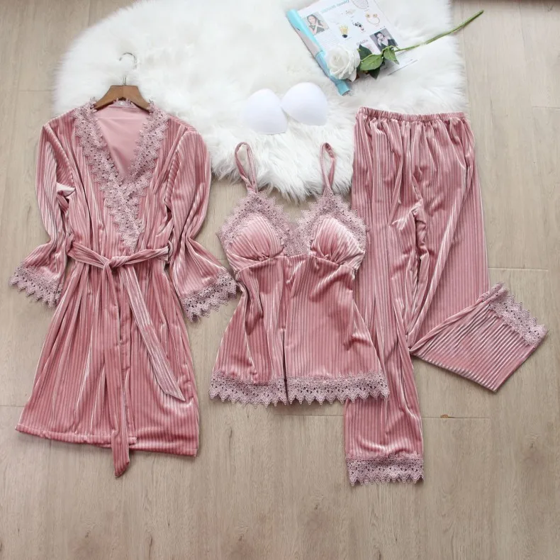 Autumn Winter Women 3PCS Pajamas Set Velvet Lace Trim Sleepwear Kimono Bathrobe Gown Sexy Pijamas Suit Loose Homewear Loungewear