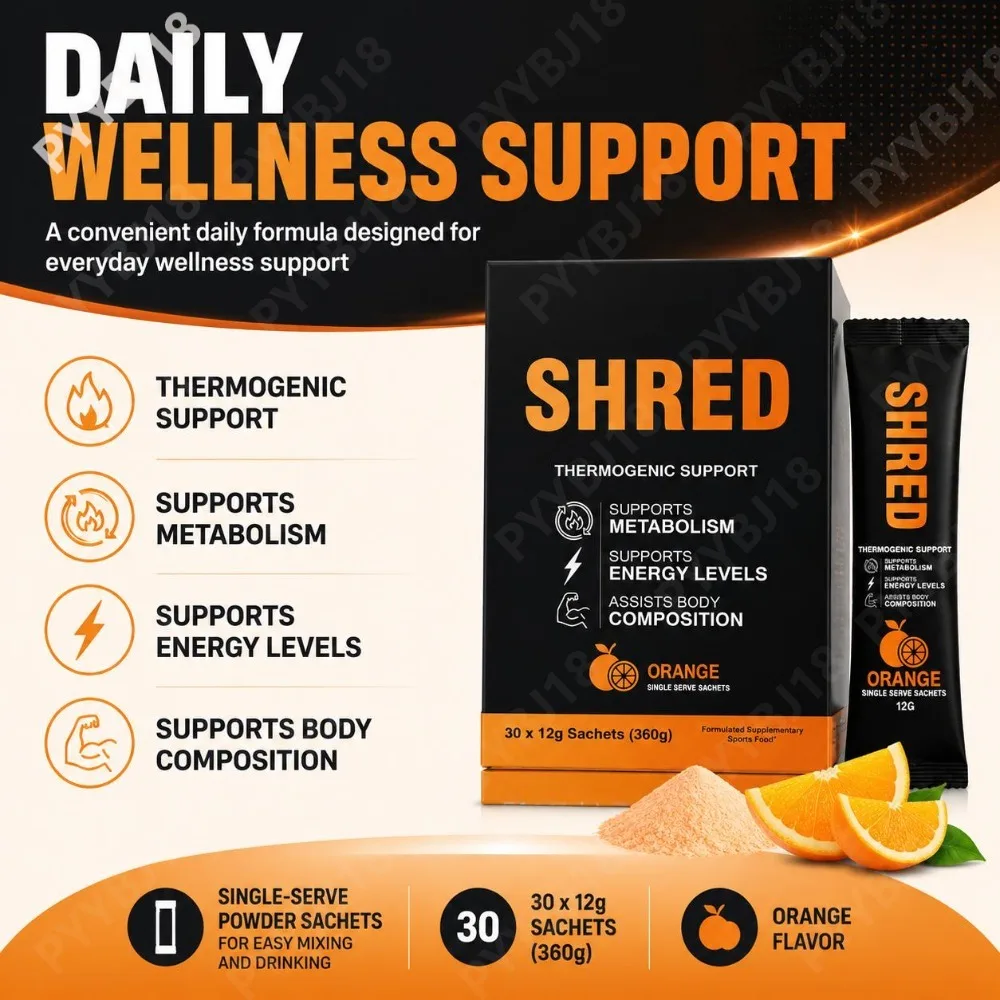SHRED Thermogenic Support Sachets for Metabolism & Energy Levels Green Tea Garcinia Cambogia & African Mango Orange 30 Sachets