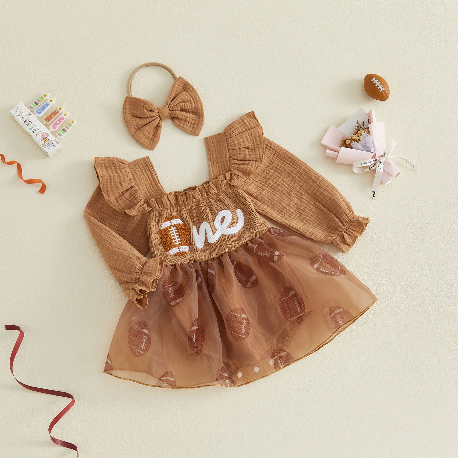 My 1st Birthday Baby Girls Fall Romper Dress Letter Embroidery Rugby Print Fly Sleeves Jumpsuits and Cute Headband Set