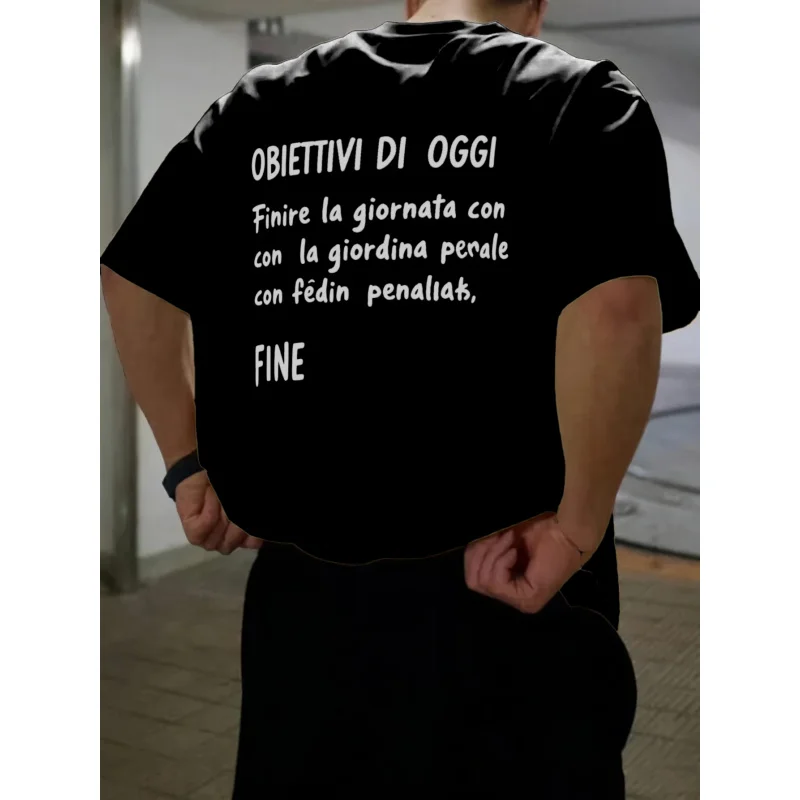 تي شيرت أبيض للرجال بطباعة نص إيطالي OBIETTIVI DI OGGI، قطن عالي الجودة 180 جرام، تصميم بيان مضحك