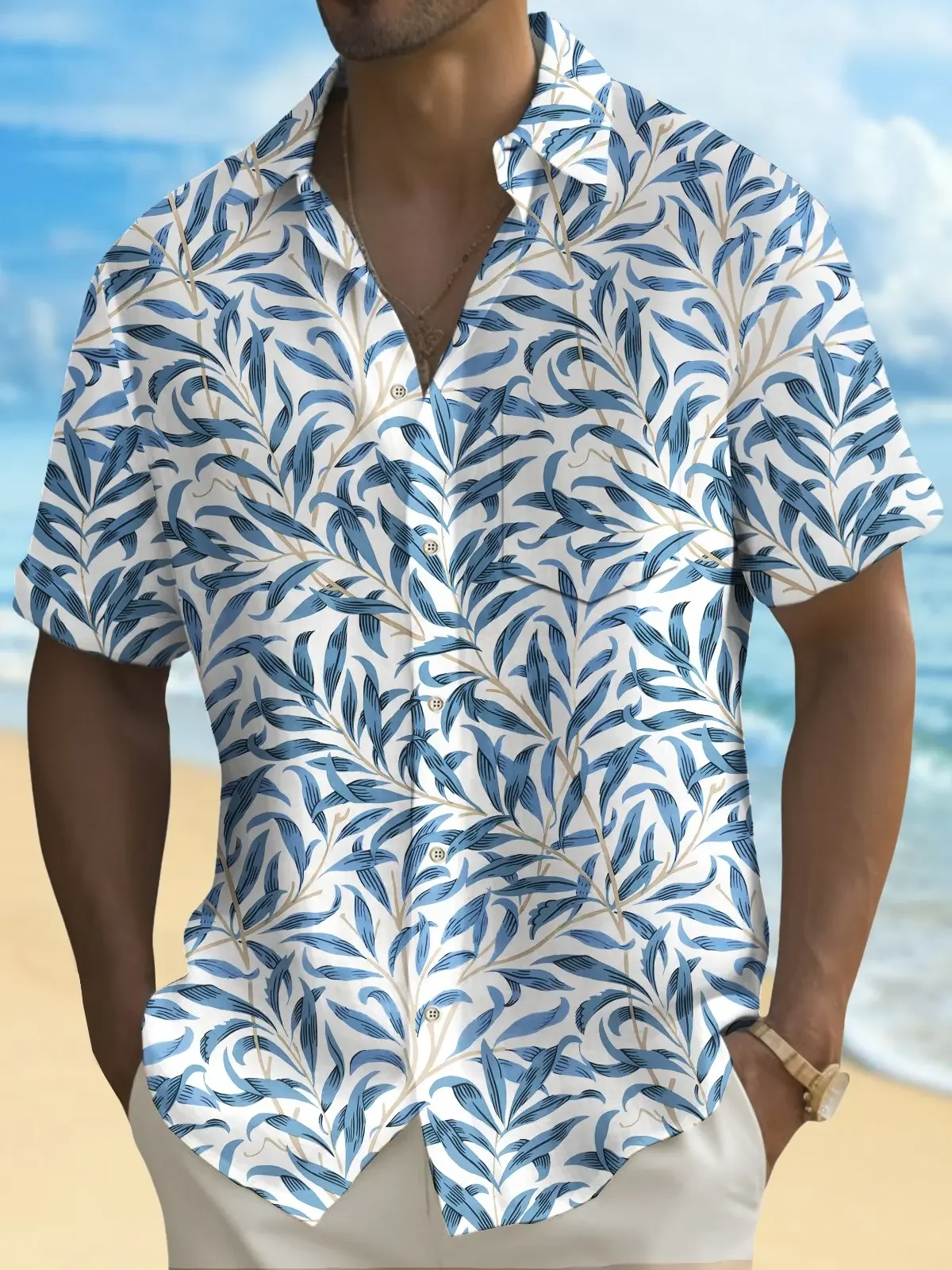 Hawaiian Casual Polyester Shirt, Men, Short Sleeve, Colorful, Surfing, Palm, AMP, Summer
