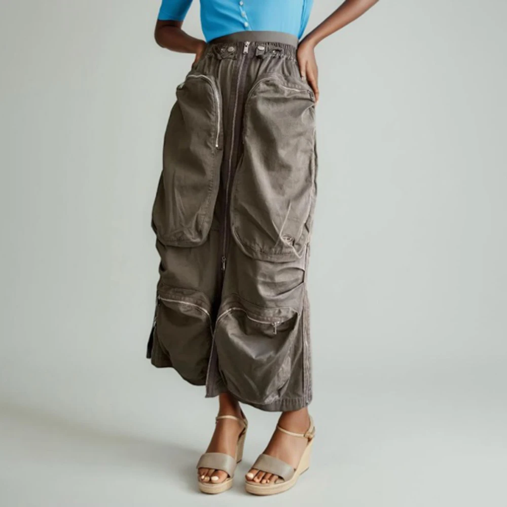 

Solid Casual Patchwork Pockets Skirts For Women High Waist Spliced Zipper Streetwear Loose Skirt Female Clothing Summer