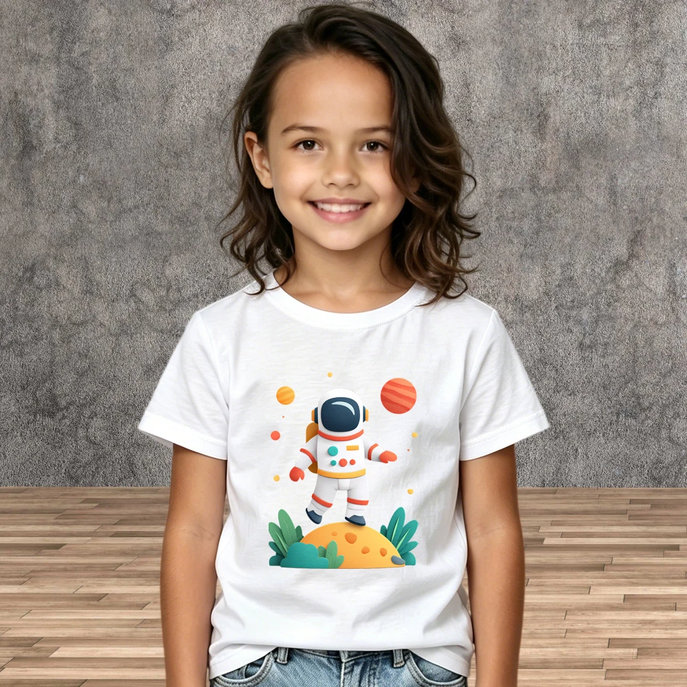 Kids Astronaut Pattern Tees Boys Girls Cartoon Cotton Summer Short Sleeve Tops