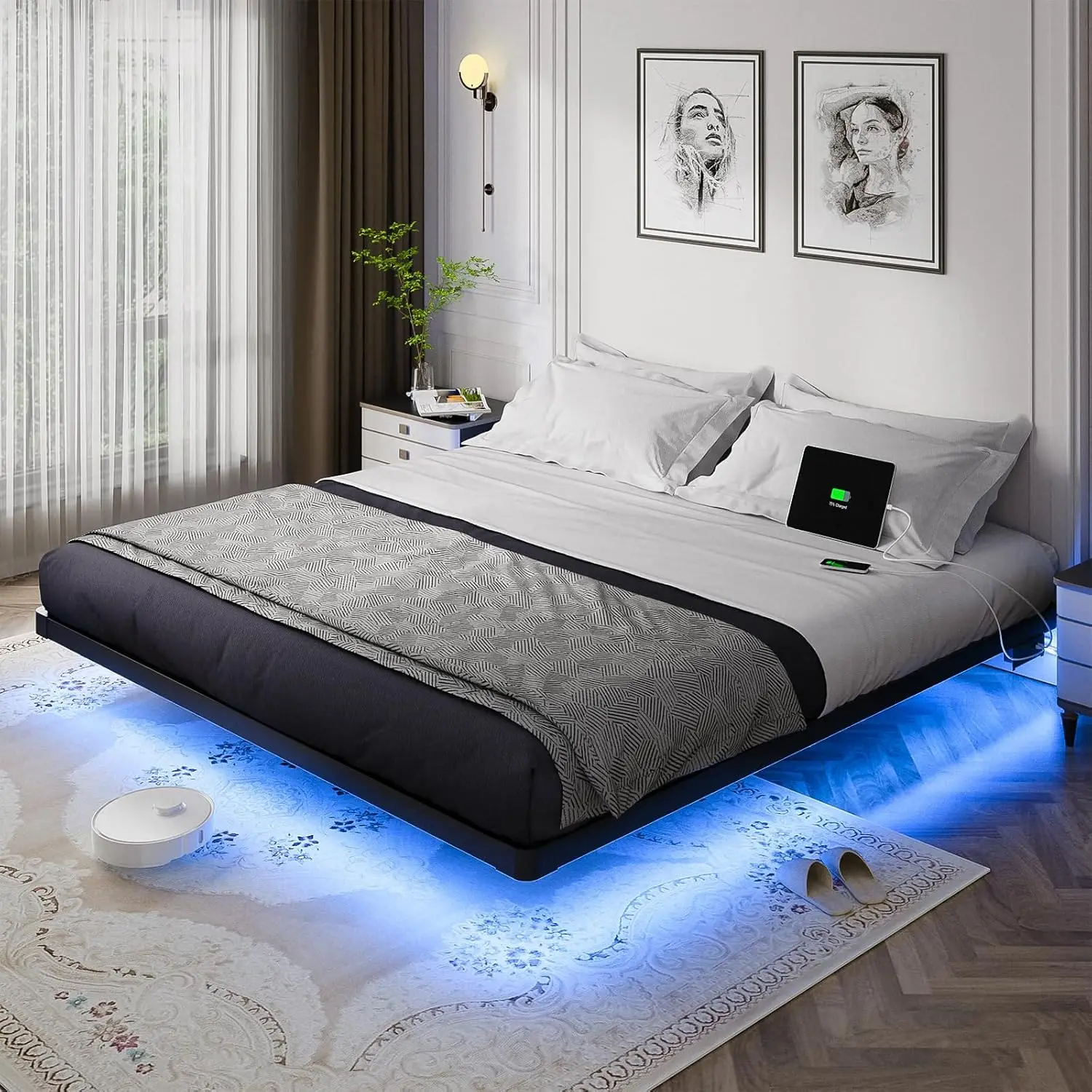 Sa085938f72da49778782d11da5ff7f6aS Queen Size Floating Bed Frame with LED Lights and Charging Station
