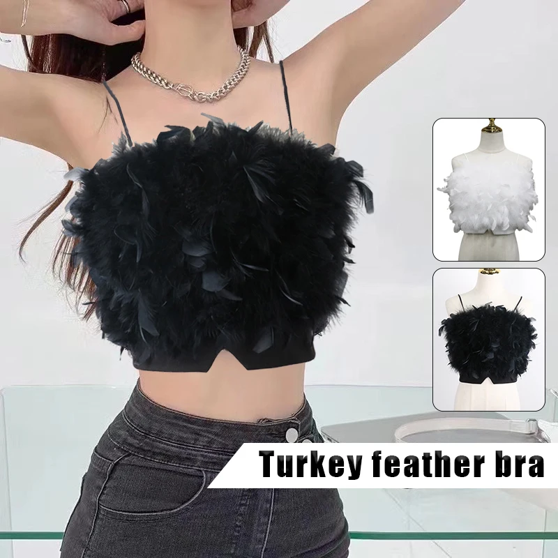 

Feather Petal Sexy Suspender Vest Party Bar Hot Tank Tops Dance Fairy Sweet Girls Women Cami Black White Faux Fur Crop Tops