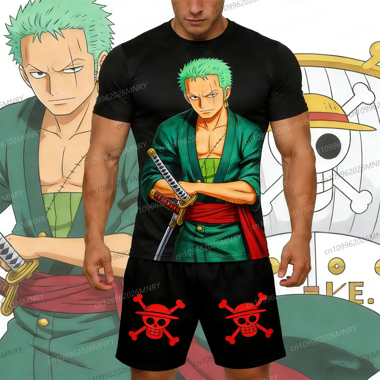 

One Piece Zoro's Latest Summer man Short-sleeve Shirt+shorts Set Men's tracksuit Training Sportswear Children Cosplay Costume