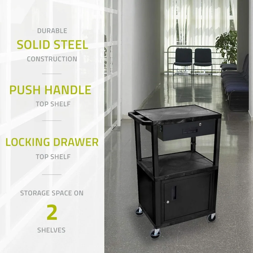 LUXOR WT42C2E-B/WTD Carro AV de 42 H - Cajón de cabina de 3 estantes - Negro, 4 ruedas con rodamiento de bolas con dos frenos de bloqueo, Sto multiusos