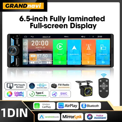 6.5 Inch 1Din IPS Screen Wireless Carplay Android Auto Airplay Car Radio MP5 Player Stereo Bluetooth FM Type-C PD3.0 Fast Charge