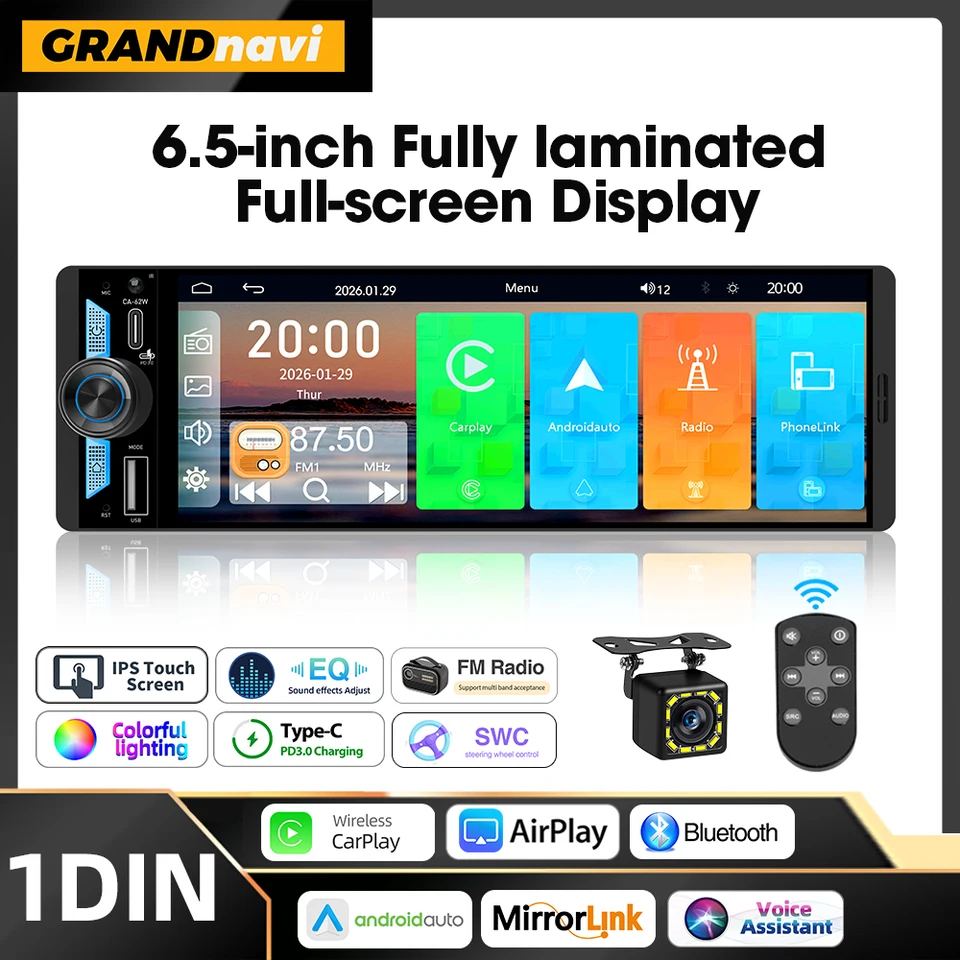 6.5인치 1Din IPS 스크린 무선 카플레이 안드로이드 오토 에어플레이 카 라디오 MP5 플레이어 스테레오 블루투스 FM 타입-C PD3.0 고속 충전