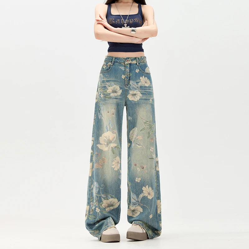 New Summer Y2k Pants Jeans for Woman Loose Fit High Waist Retro Wide Pants  American Vintage Style Floral Print Design