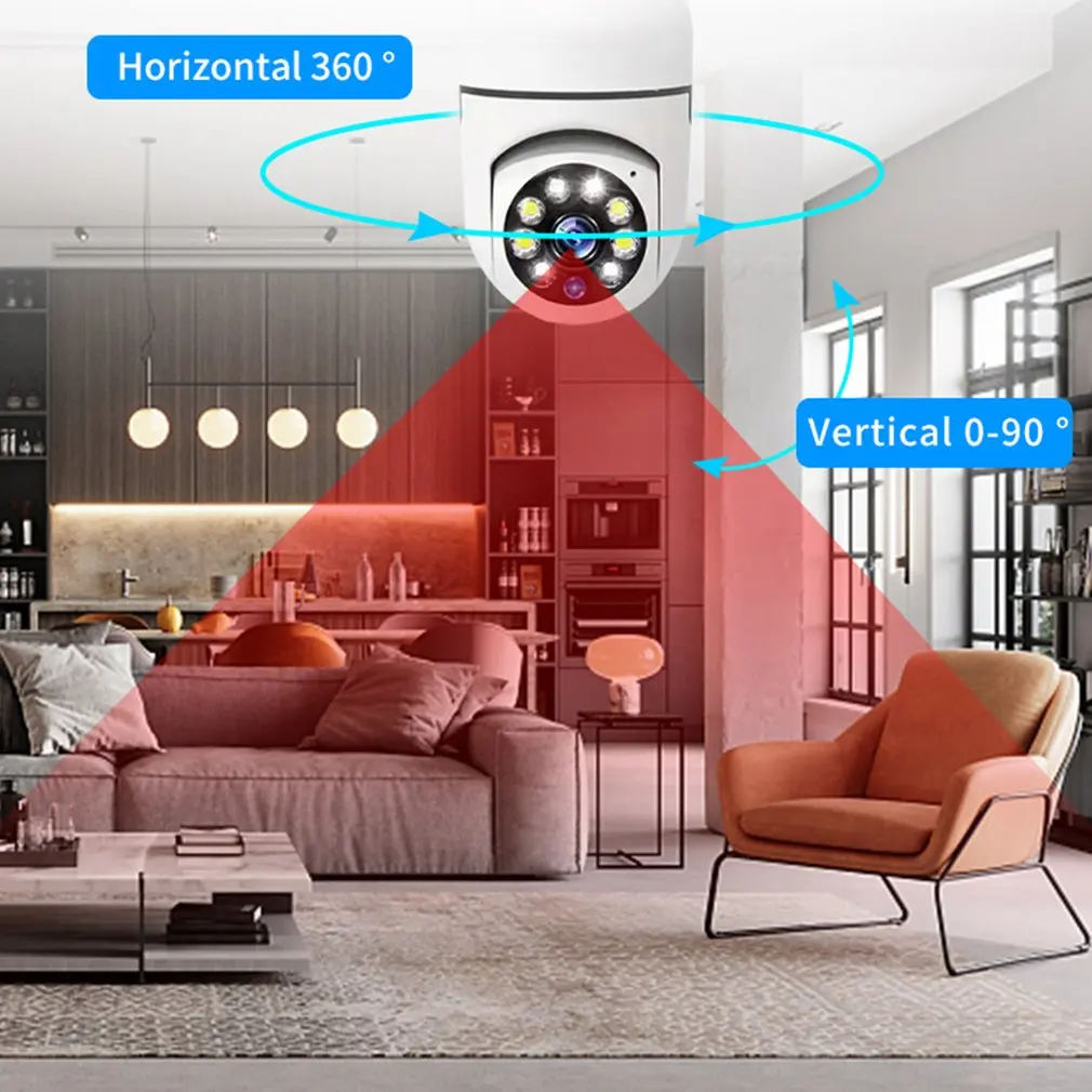 1080P لمبة كاميرا E27 نوع المسمار ليلا ونهارا كامل اللون الإضاءة عالية الوضوح كاميرا مراقبة ضوء مزدوج 360 دوران