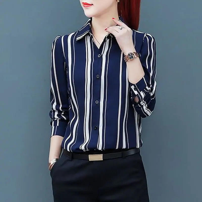 Formal Blouse Office Lady Spring Autumn Long Sleeve Women\'s Clothing Polo-Neck Fashion Striped Printed Single-breasted Shirt New