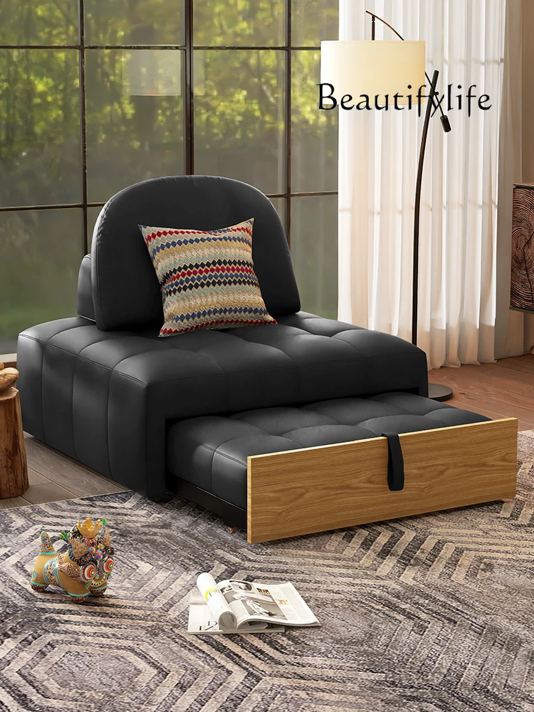 Retractable Sofa Retro Leather Single Bed Japanese Style Living Room Small Apartment Cream Style Pull Dual-Use