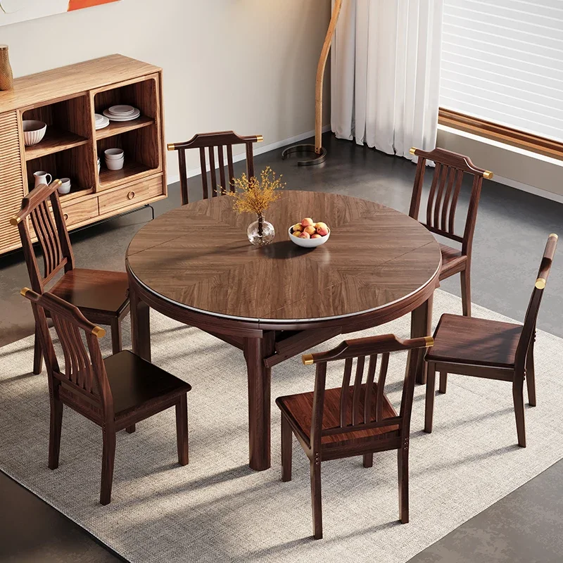 New Chinese ebony solid wood rock slab dining table and chair combination modern simple household retractable square