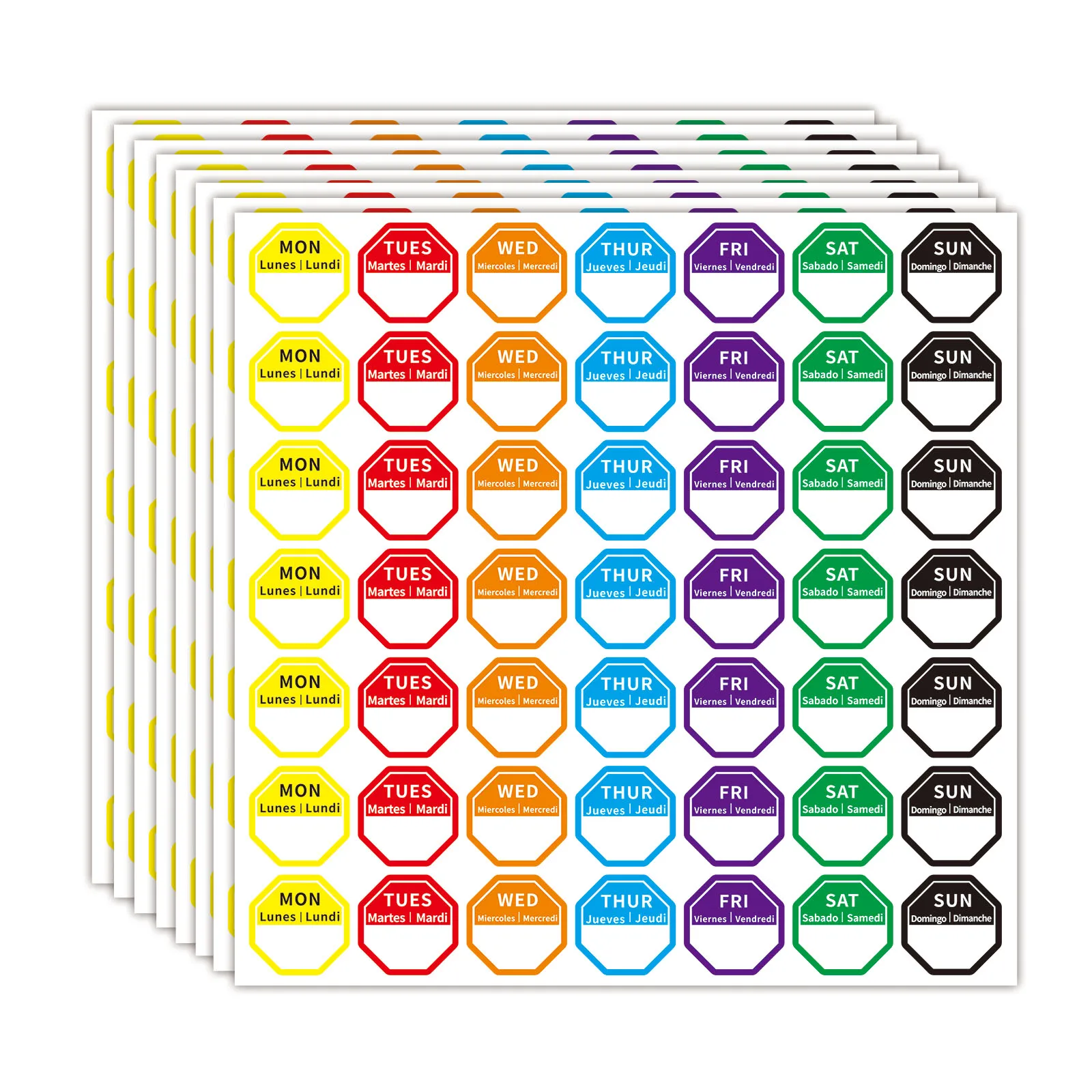 

5 Large Sheets of Colorful English, French, Spanish, and Multilingual Universal Food and Item Date/Time Marking Stickers, 7-Day Cycle Labels, Weekly Self-Adhesive Monday, Tuesday, Wednesday, Thursday, Friday, Saturday, Sunday Daily Date Marking Stickers, 