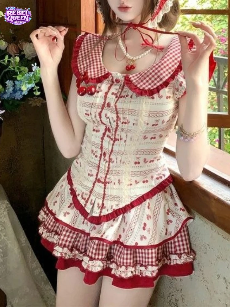 

Vintage Fresh Prairie Chic 2 Piece Set Women Slim Floral Doll Collar Puff Sleeve Top + High Waist Plaid Skirt Sweet Party Outfit