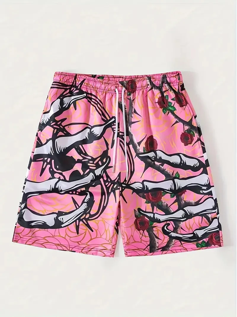 Men's Summer Rose and Skeleton Hand Element Printed Shorts Men Fashion Trend Breathable Quick Drying Shorts Men's Casual Shorts