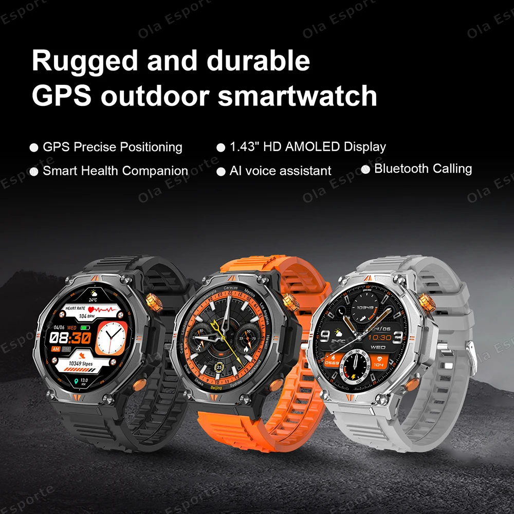Męski Smartwatch z Lokalizatorem GPS, Ekranem AMOLED, Połączeniami Bluetooth, Wodoodpornością 5ATM, Kompasem, do Aktywności na Zewnątrz, Ponad 100 Sportów, z Możliwością Personalizacji Tarczy