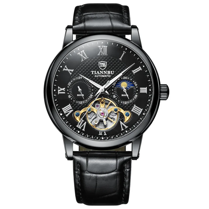 Automatic Mechanical Men's Watch with Luminous Hand Leather Band Waterproof Fashion and Sporty Style Sun Pattern High Quality view 4