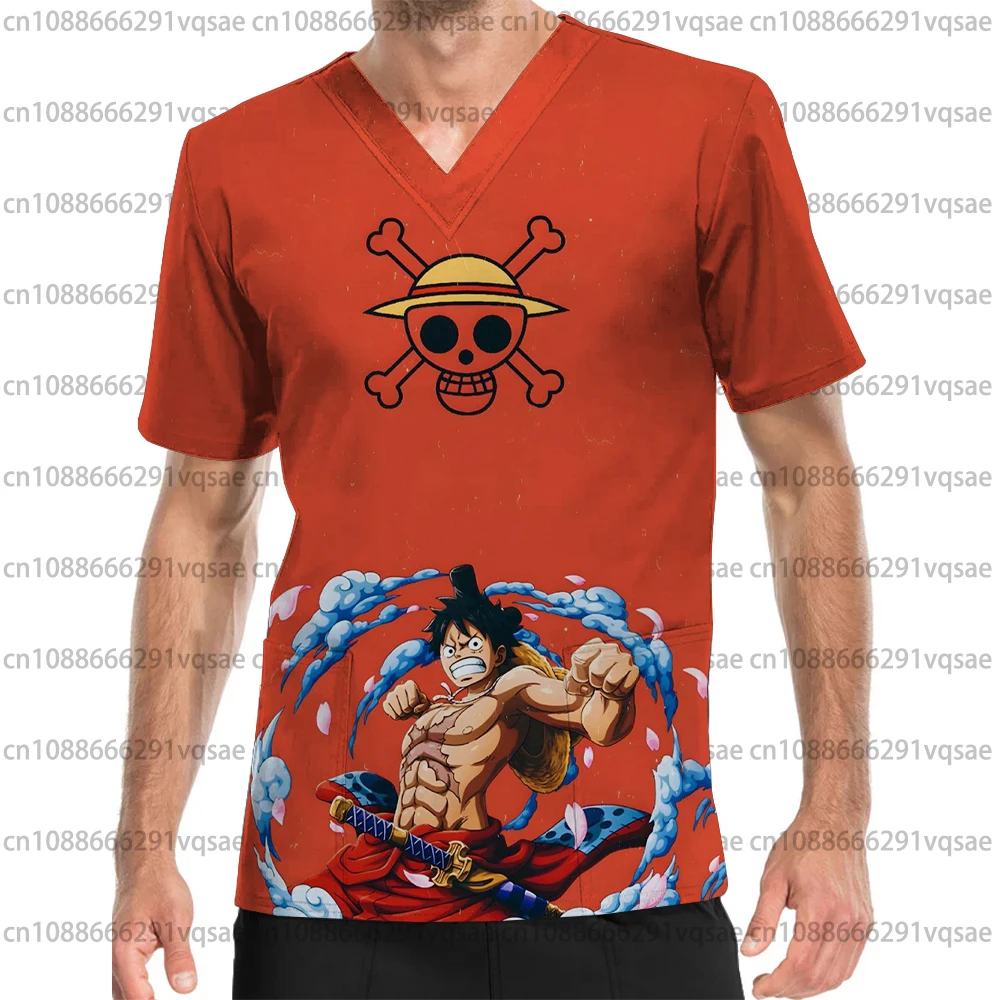 

2025 New Men's Work Uniform Cartoon Pirate King Luffy Dental Clinical Surgical Clothes Tops Men's Pocket V-Neck Scrub Top