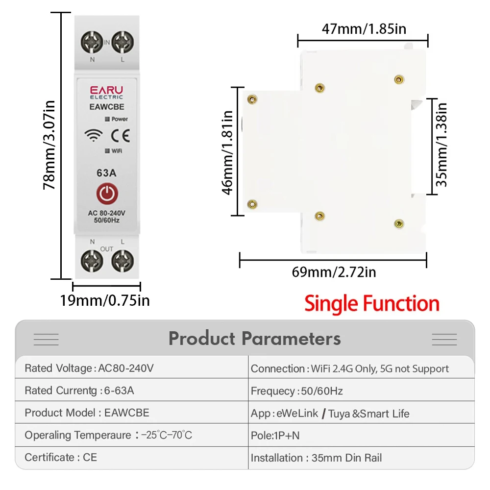 eWeLink WiFi Smart Circuit Breaker MCB 1P 63A Timer Power Energy kWh Voltage Current Meter Protector Voice Remote Control Switch