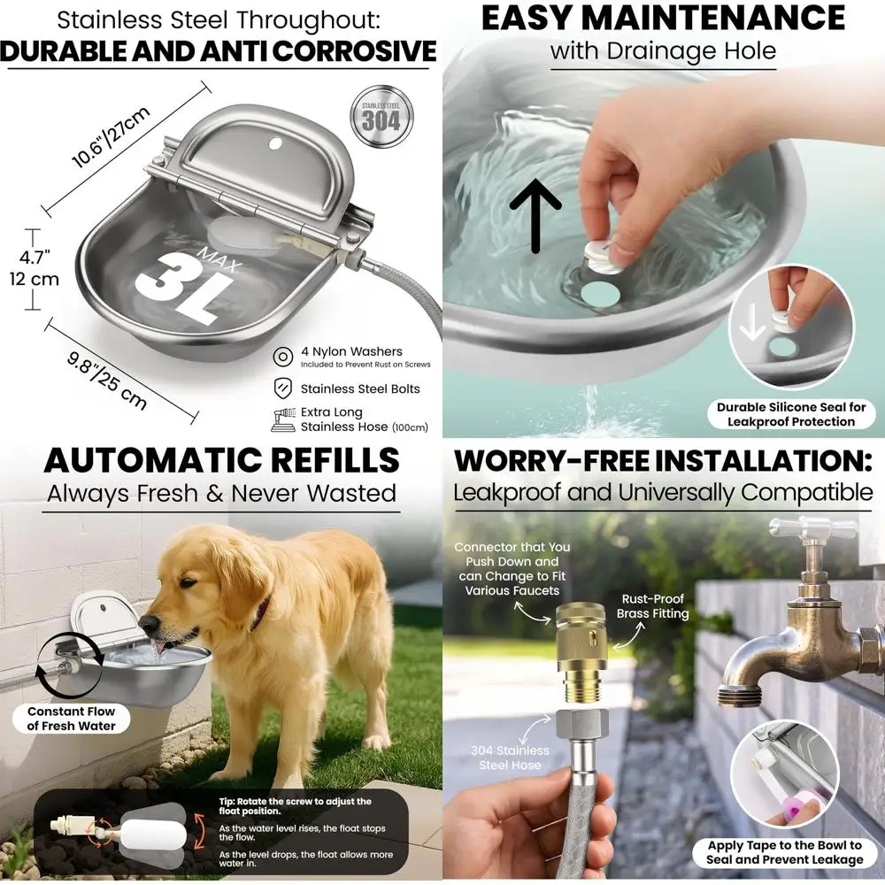 

Animal Water Dispenser - 304 Stainless Steel Automatic Water Dispenser for Dogs & Animals, 10.6"x9.8"x4.7", Auto-Refill, Leakpro
