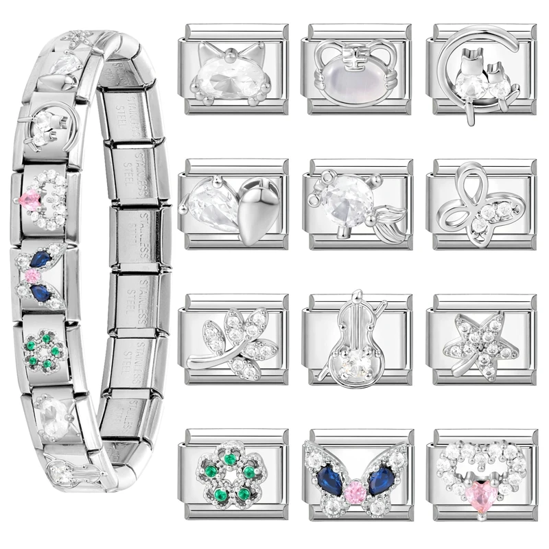 الزركون القلب القوس الكرز الصليب ستار القمر اللؤلؤ الصلب اللون الإيطالية سحر الروابط صالح 9 مللي متر الفولاذ المقاوم للصدأ سوار النساء DIY بها بنفسك صنع