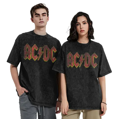 Imagen 2 del producto Camiseta lavada AC-DC con Logo rojo desgastado, banda de música Rock, camisetas Vintage de Hip Hop, ropa de calle de gran tamaño, camisetas para hombres y mujeres