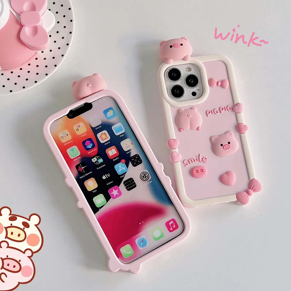 3D Love Pig Case For iPhone 15 14 13 12 11 X S XR 7 8 SE Pro Max Plus Cute Lovely Shockproof Soft Silicone Cover Skin