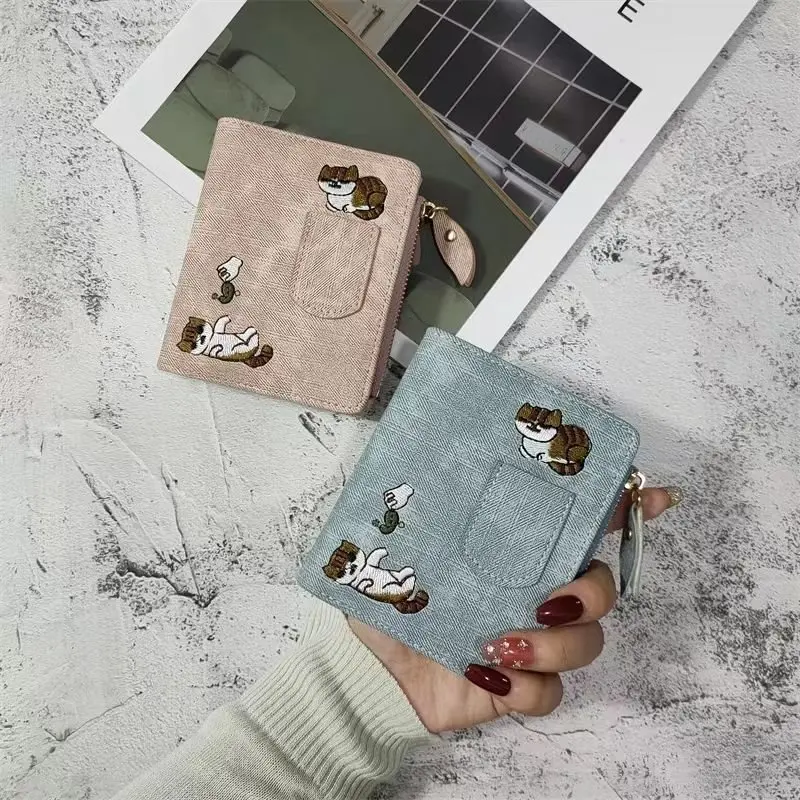 Jeans Style Women Short Wallets Cat Embroidered Canvas Clutch Large Capacity Buckle Fashion Coin Purse Women Handbags Carteras