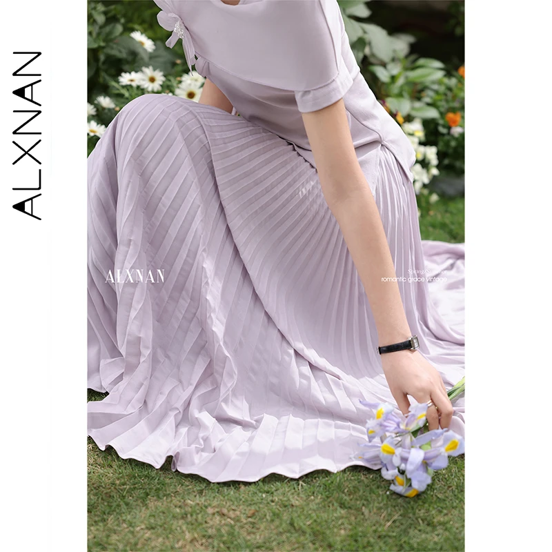 ALXNAN Gonna viola taglie forti Elegante gonne a trapezio lunghe a pieghe Tendenza 2025 Moda casual Vacanza Spiaggia Abbigliamento femminile D10176