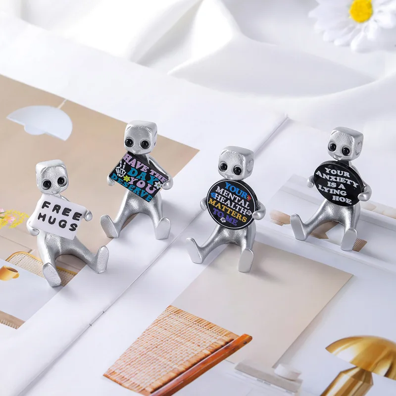 Cute Tiny Robot Resin Statue with Slogan - Your Anxiety is A Lying H*e Robot Home Room Decor Inspirational Fun Office Desk Decor