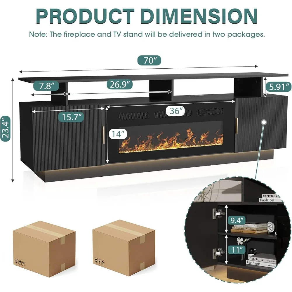 حامل تلفزيون 70 بوصة مع مدفأة كهربائية مقاس 36 بوصة - مركز ترفيه أسود عالي 23 بوصة، ضوء LED قابل للتغيير، مخرج طاقة